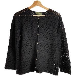 Crochet Cardigan size Medium Black Eddie Bauer y2k 90s Minimalist Cottagecore